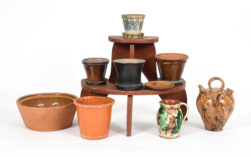 Five Redware Flower Pots with Plant Stand