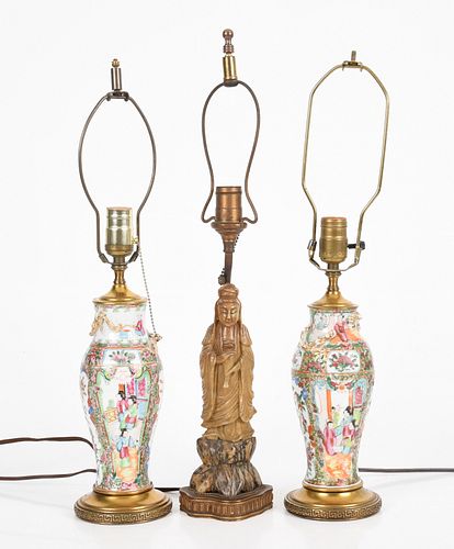 Three Chinese Lamps, Porcelain and Soapstone