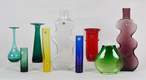 Nine modernist Blenko glass vases