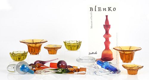 A group of Blenko glass candleholders and stoppers