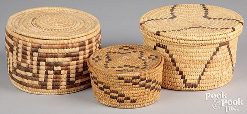 Three Papago Indian lidded baskets