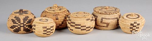 Six lidded Papago Indian baskets
