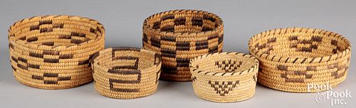 Five Papago Indian straight-walled coiled baskets
