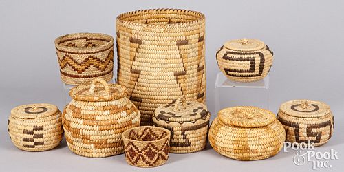 Nine Papago Indian coiled baskets