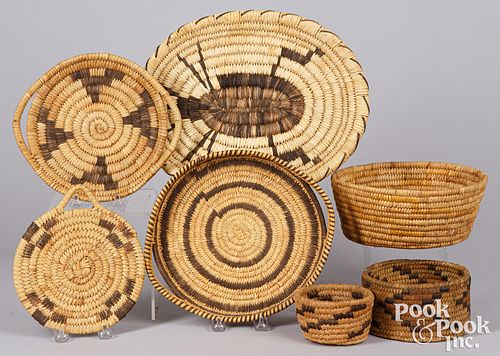 Seven Papago Indian coiled baskets