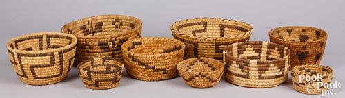 Nine Papago Indian coiled baskets