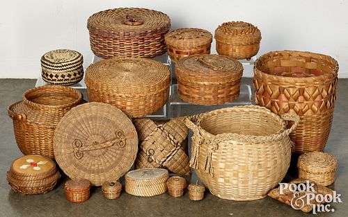 Group of Woodlands Indian woven splint baskets