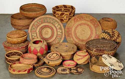 Group of tribal raffia baskets and other styles