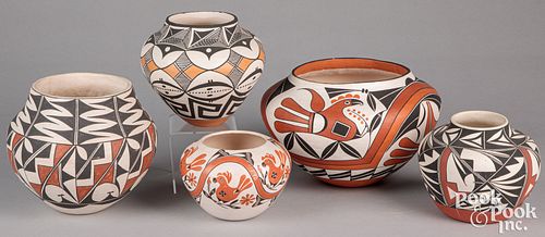 Five Acoma Pueblo Indian polychrome pottery ollas