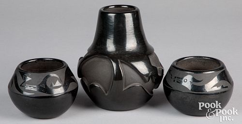 Three Santa Clara blackware pottery pieces