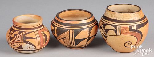 Three Hopi Indian polychrome pottery ollas