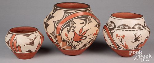 Three Zia Pueblo Indian polychrome pottery ollas