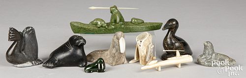 Nine Inuit Indian stone and bone carvings