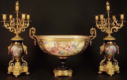 19th C. French Sevres Gilt Bronze Garniture Set