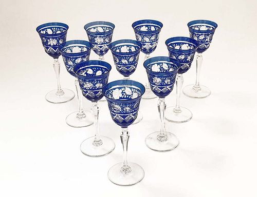 Set of 10 Bohemian Blue Cobalt Crystal Glasses