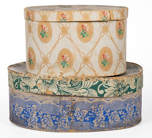 AMERICAN WALLPAPER-COVERED BAND / HAT BOXES, LOT OF TWO