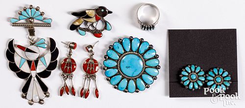 Group of Zuni Indian silver and inlay jewelry