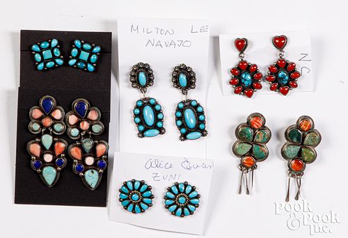 Six pairs of Navajo and Zuni earrings