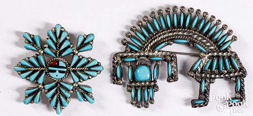 Two Zuni Indian needlepoint turquoise brooches