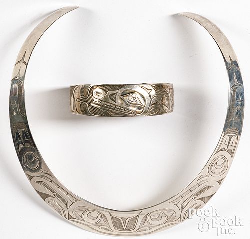 Haida Indian silver choker necklace and bracelet