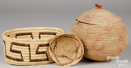 Three Native American Indian coiled baskets