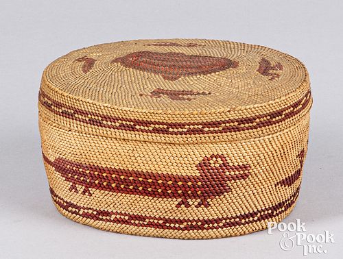 Makah Indian lidded basket with animal figures
