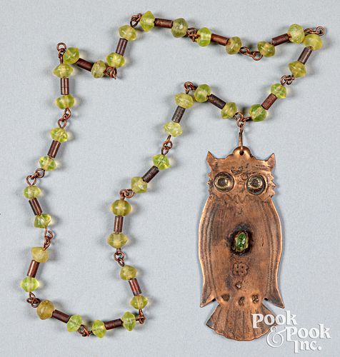 Copper owl effigy and trade bead necklace