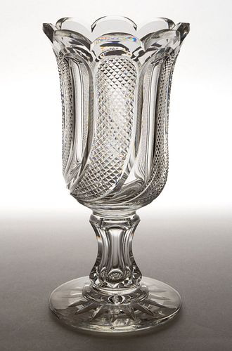 FINELY CUT PEACOCK FEATHER GLASS CELERY VASE