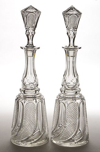 FINELY CUT PEACOCK FEATHER GLASS PAIR OF DECANTERS