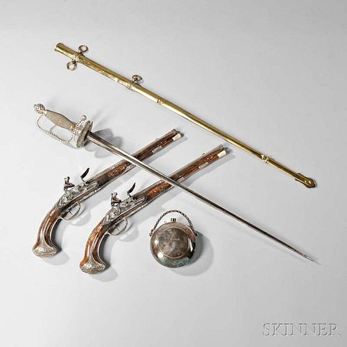 Pair of Holster Pistols, Silver-hilted Small Sword, and Flask