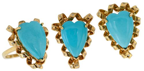 A La Pagode 18kt. Turquoise Diamond Ring Earring Set