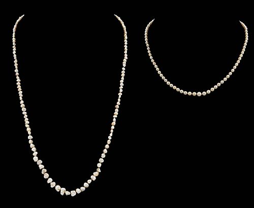 Two Pearl Necklaces with 14kt. Diamond Clasps