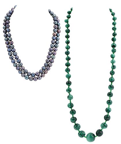 Pearl Strand and Malachite Bead Necklace 