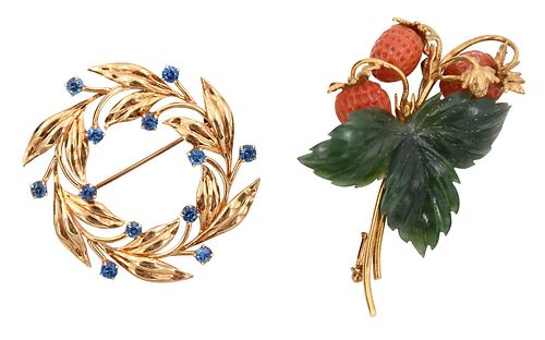 Two Gold Gemstone, Coral, and Jade Brooches 