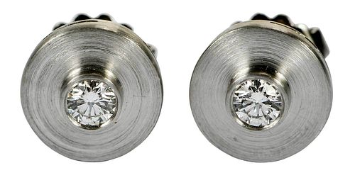 A La Pagode Platinum Diamond Button Earrings