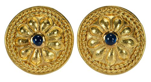 A La Pagode 22kt. Revival Style Sapphires Earrings