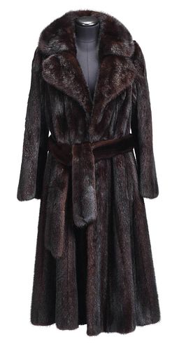 Full Length Dark Brown Mink Fur Coat with Hood and Belt