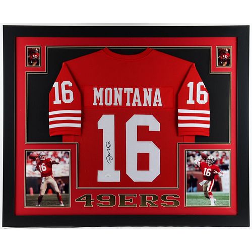 Joe Montana Signed 35.5x43.5 Custom Framed Jersey Display (JSA Hologram) (See Description)