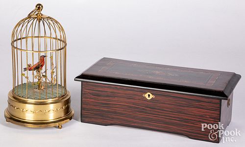 Swiss cylinder music box and musical birdcage