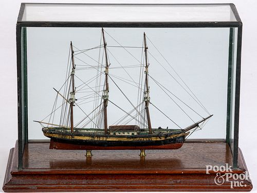 Small wood ship model in case, ca. 1900