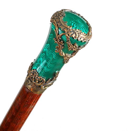 French Rococo Silver and Enamel Cane