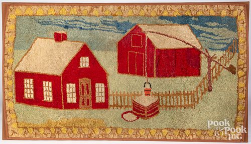 American hooked rug with house and barn