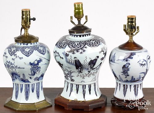 Three Delft blue and white vases/lamps