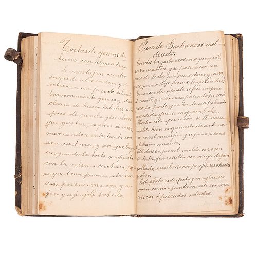 Pérez Pereda, María. Recetario Manuscrito. Ca. 1875. Algunas recetas: Albondiguillas, Costillas de Carnero en frío, Sopa Dulce...