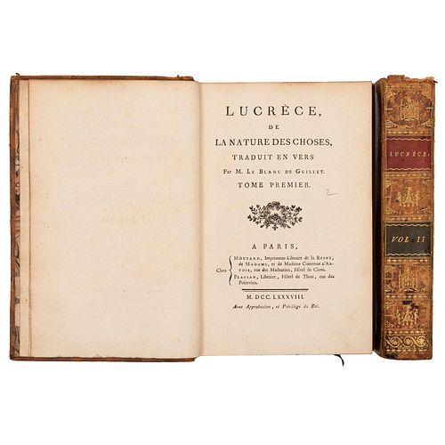 Guillet, Blanc. Lucrèce de la Nature Des Choses. Paris: Moutard, 1788. 8o. marquilla, LXXIX + 358; 425 p. Traduit en v...