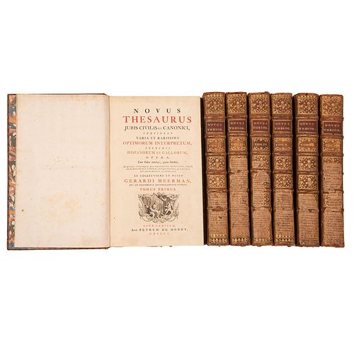 Meerman, Gerardi. Novus Thesaurus Juris Civilis et Canonici Continens Varia et Rarissima. Hagae-Comitum, 1751-53. Tomos I-VII. Pzas: 7.