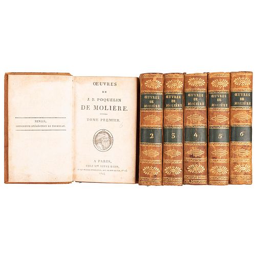 Oeuvres de J. B. Poquelin de Moliere. Paris: Mme. Veuve Dabo, 1824.  16o. marquilla. Tomos I - VI. Encuadernados en pasta du...