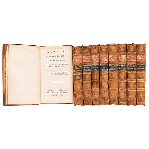 Barthélemy, Jean-Jacques. Voyage du Jeune Anacharsis en Grèce. Deux - Ponts: Sanson et Compagnie, 1791.  8o. Tomos I -...