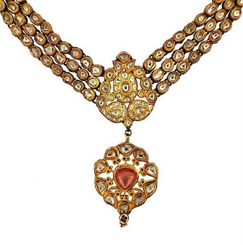 Indian 22k Gold Rose Cut Diamond Enamel Necklace