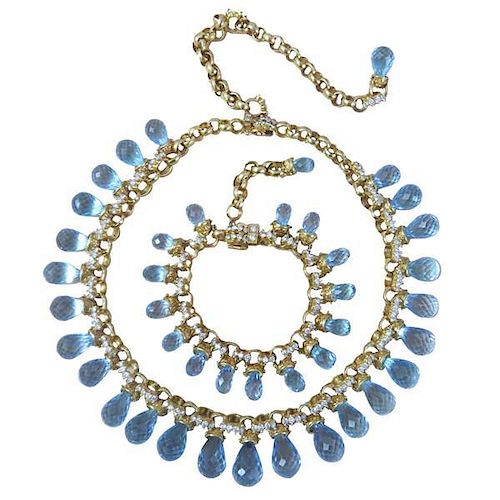Laura Munder Blue Topaz Diamond 18k Gold Necklace Bracelet Suite